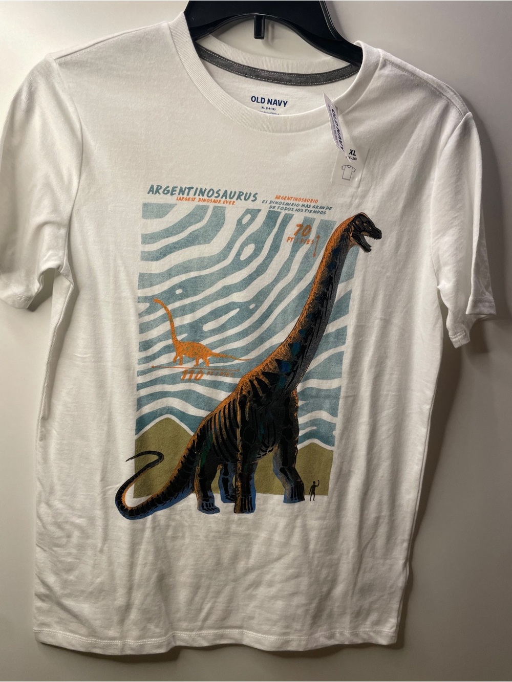 Old Navy White Graphic Argentinosaurus Tee with Blue & Orange Print